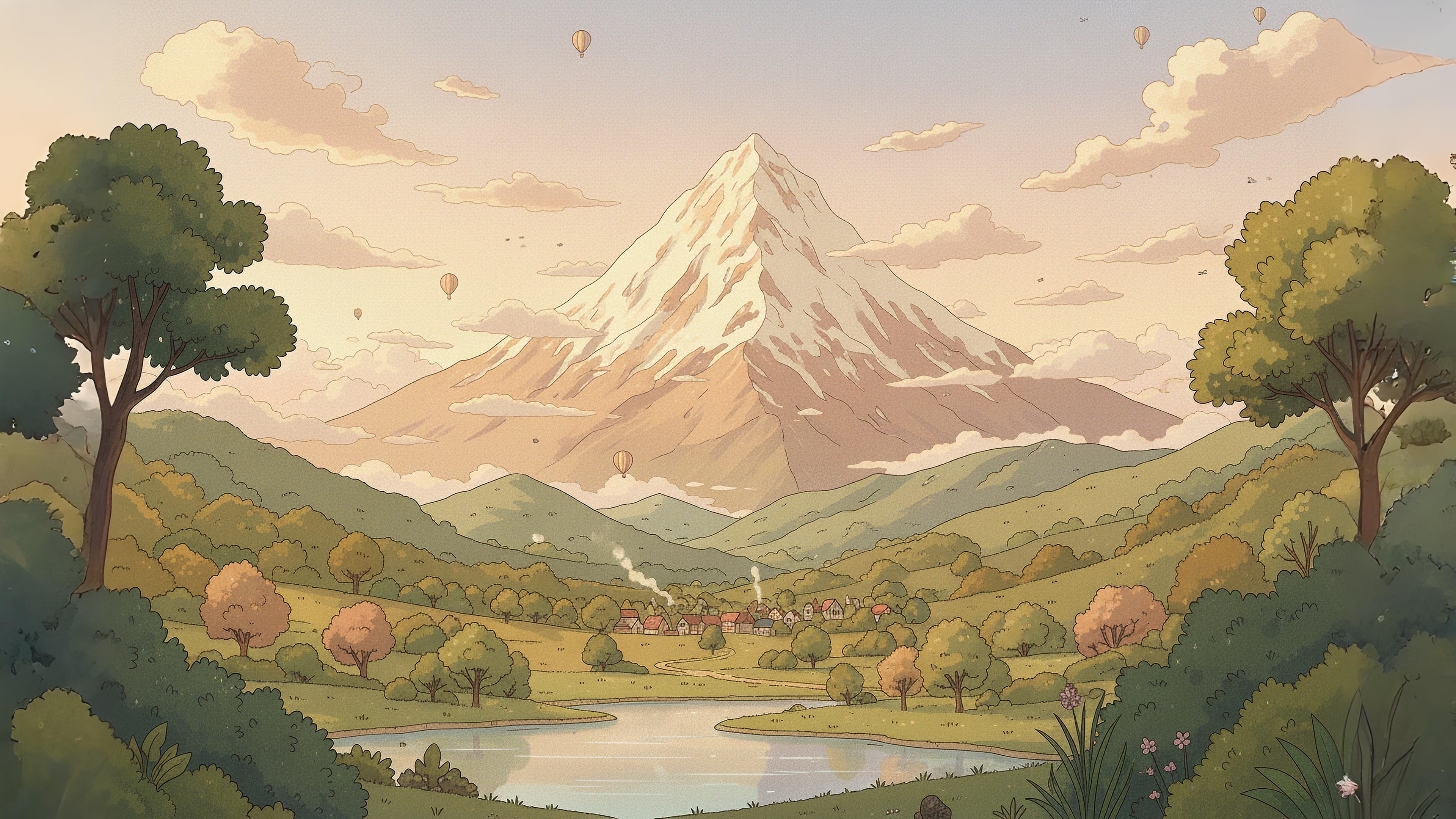 Illustrated landscape with rolling hills and sky